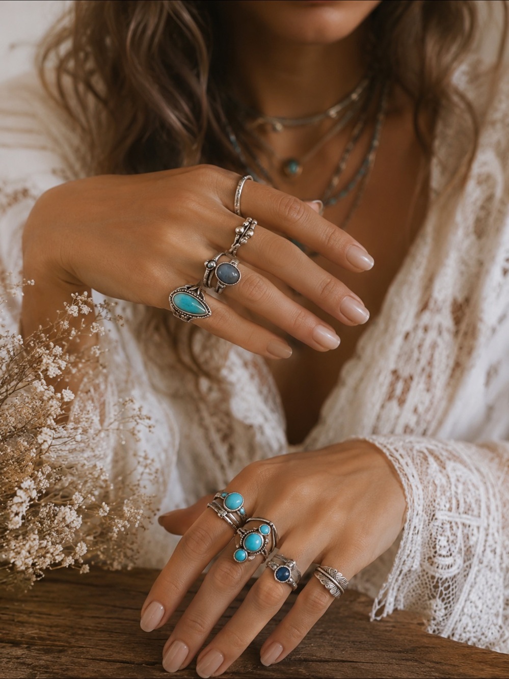 NWT Free People Turquoise & Blue SilverTone  Stackable Rings